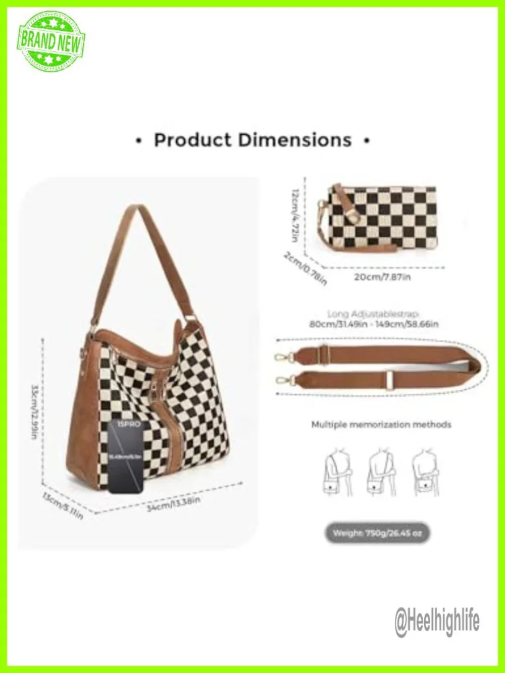 PU Leather Canvas Checkered Hobo Handbag Tote Crossbody Bag Adjustable Strap